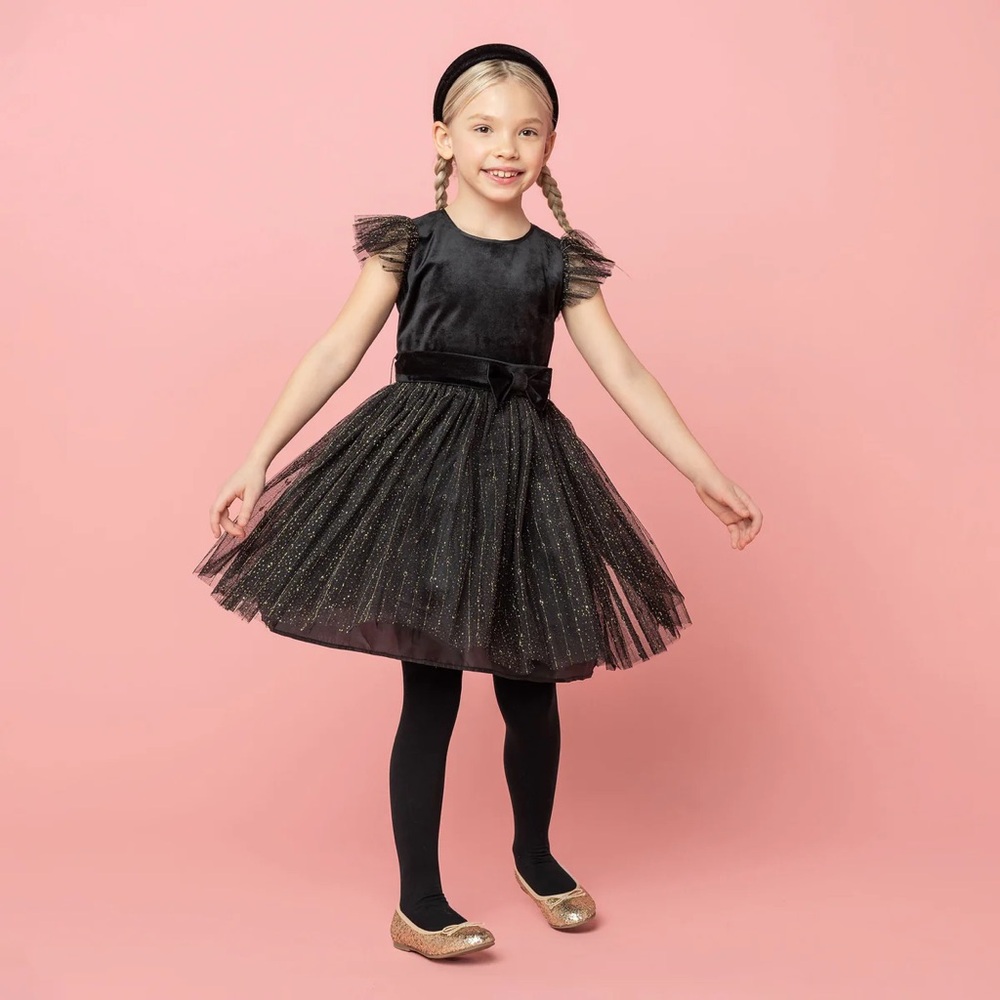 Holly Hastie London Wednesday Velvet & Glitter Tulle Girls Party Dress in Black